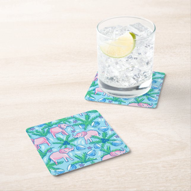 Preppy Pink Elephant Square Paper Coaster (Insitu)