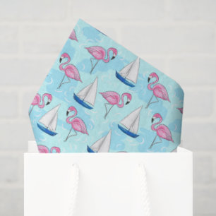 Preppy Pink Flamingo & Blue Sailboat Coastal Tissue Paper