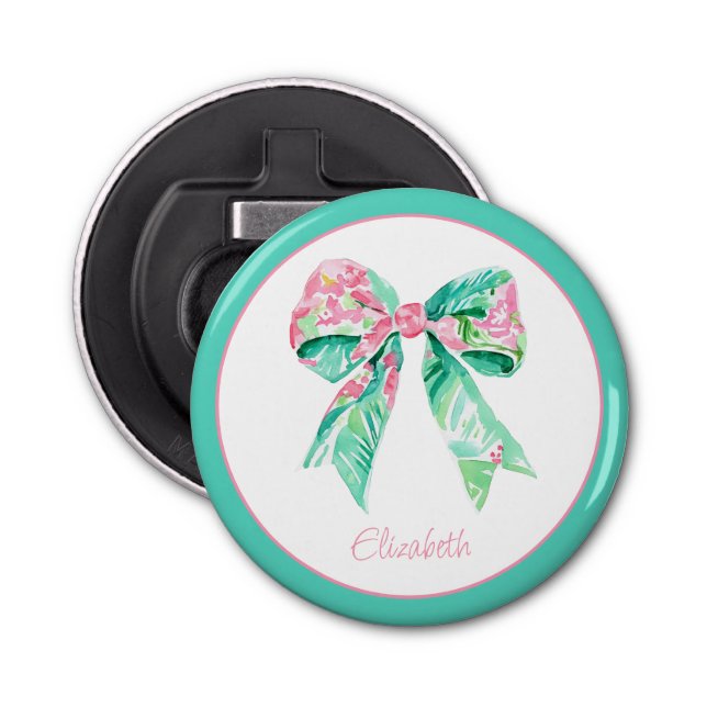 Preppy Pink Floral Bow Personalised Bottle Opener (Front)