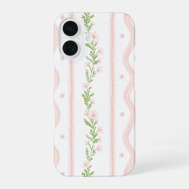 Preppy Pink Floral Stripe iPhone 16 Case (Back)