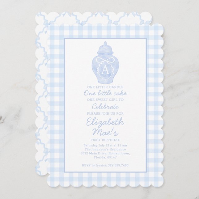 Preppy Pink Ginger Jar Monogram First birthday Invitation (Front/Back)