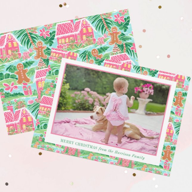 Preppy Pink Gingerbread Village Christmas Photo Holiday Card (Creator Uploaded)
