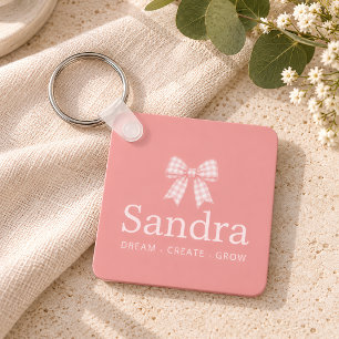 Preppy Pink Gingham Bow Name Quote Key Ring