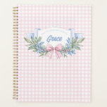 Preppy Pink Gingham Grandmillennial Planner<br><div class="desc">This planner has a Preppy Chinoiserie pink and white gingham pattern and a label design where you can personalise with your name. The back flap has a pink gingham bow with the year.</div>