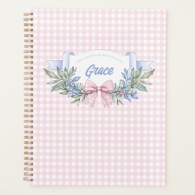 Preppy Pink Gingham Grandmillennial Planner (Front)