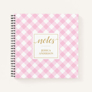 Preppy Pink Gingham Pattern Name Notebook