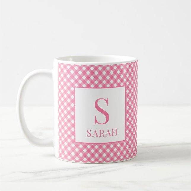 Preppy Pink Gingham Plaid Monogram Name Coffee Mug (Left)
