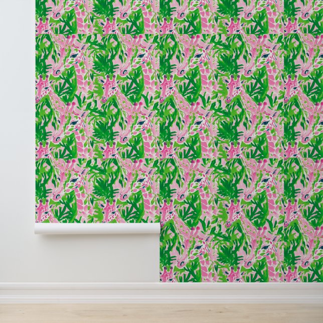Preppy Pink Giraffe with Greenery Elegant Tropical Wallpaper (Application)