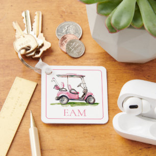 Preppy Pink Golf Cart Monogram Key Ring