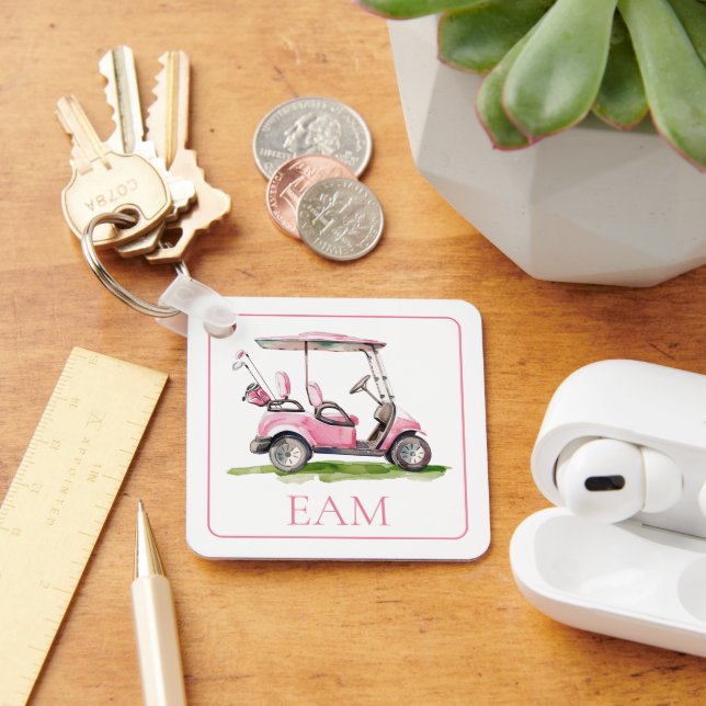 Preppy Pink Golf Cart Monogram Key Ring (Desk)