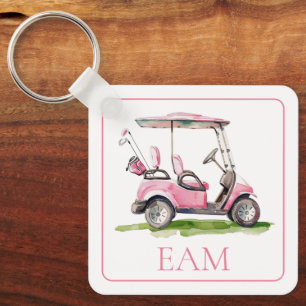 Preppy Pink Golf Cart Monogram Key Ring