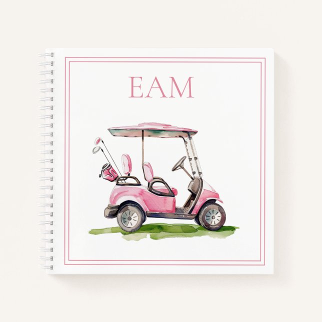 Preppy Pink Golf Cart Monogram Notebook (Front)