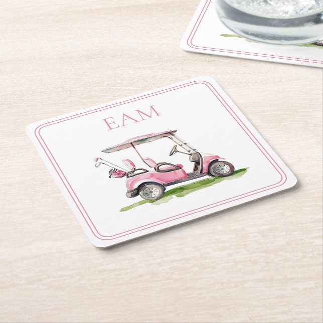Preppy Pink Golf Cart Monogram Square Paper Coaster (Angled)