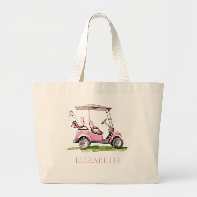 Preppy Pink Golf Cart Personalised Large Tote Bag (Front)