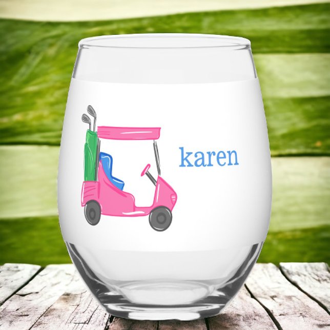 Preppy Pink Golf Cart Personalised  Stemless Wine Glass (Creator Uploaded)