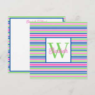 Preppy Pink Green and Navy Blue Stripe Monogram Card