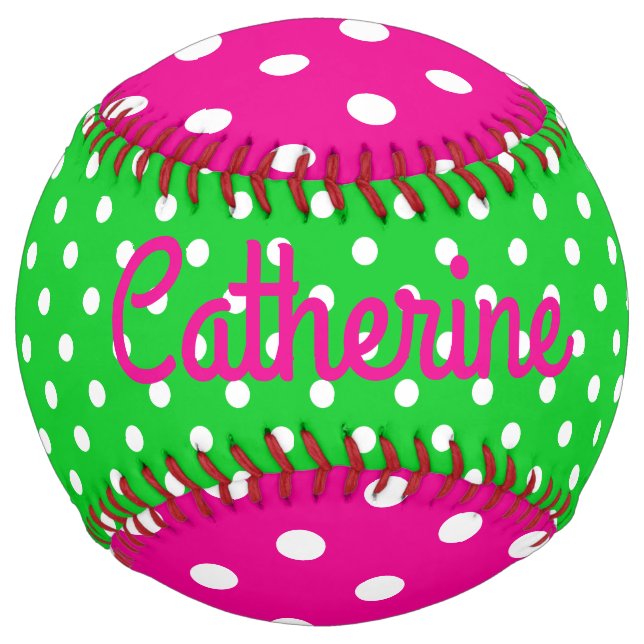 Preppy Pink Green and White Polka Dot Softball (Front)