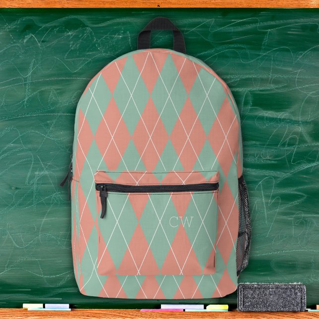 Preppy Pink & Green Argyle Print Monogram Initials Printed Backpack (Creator Uploaded)