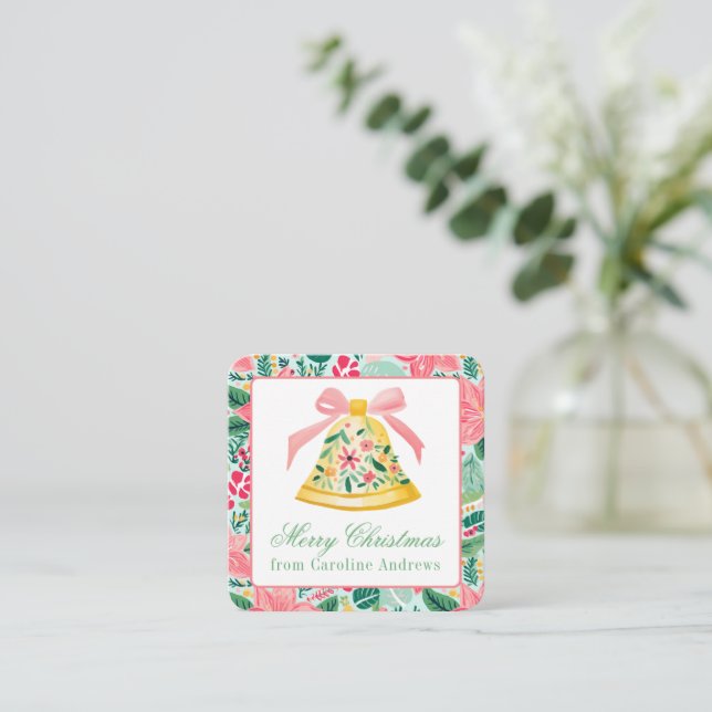 Preppy Pink & Green Christmas Bell Gift Enclosure Card (Standing Front)