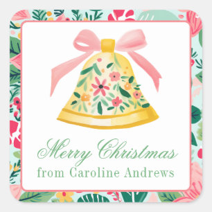 Preppy Pink & Green Christmas Bell Gift Square Sticker