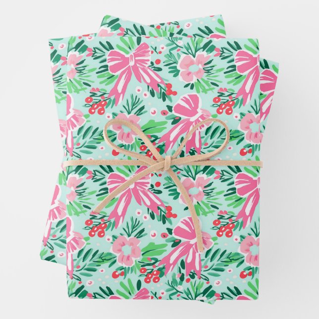 Preppy Pink & Green Christmas Flowers & Bows Wrapping Paper Sheet (In situ)