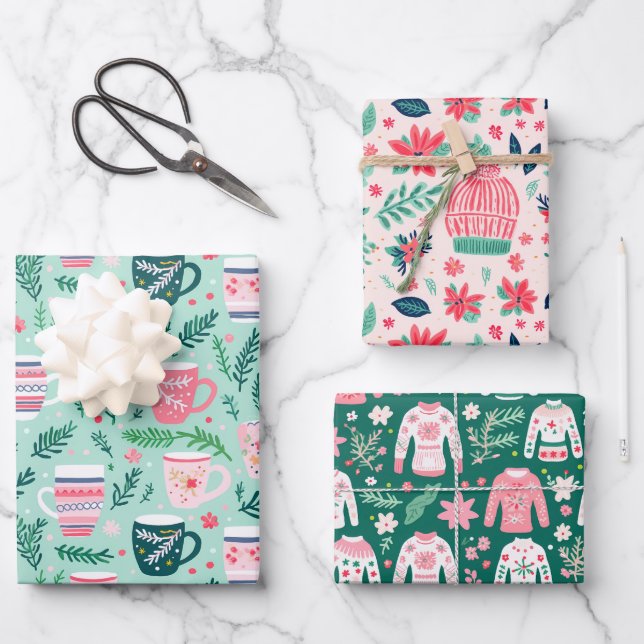 Preppy Pink & Green Christmas Mugs Sweaters & Hats Wrapping Paper Sheet (Front)