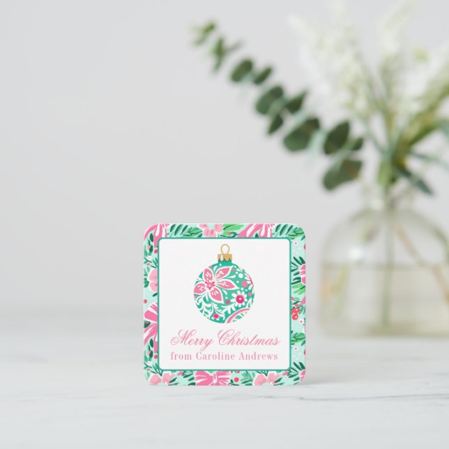 Preppy Pink & Green Christmas Ornament Enclosure Card (Standing Front)