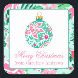 Preppy Pink & Green Christmas Ornament Gift Square Sticker<br><div class="desc">PreppyPrint.com - Celebrate Christmas in style! Add your personalised touch. Transfer this design onto the products of your choice too! Please visit my designer store,  PreppyPrint.com,  for coordinating items.</div>