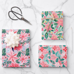Preppy Pink & Green Christmas Poinsettias & Bows Wrapping Paper Sheet