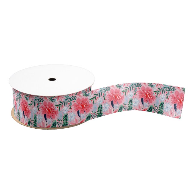 Preppy Pink & Green Christmas Poinsettias Grosgrain Ribbon (Spool)