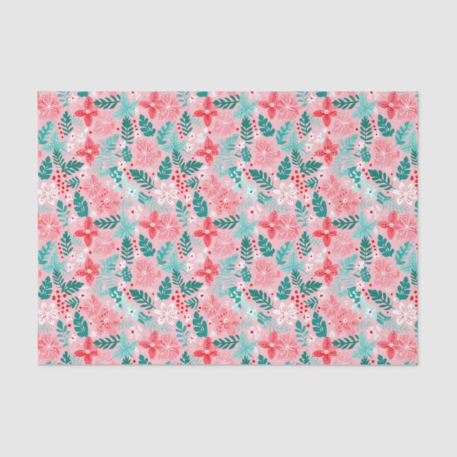 Preppy Pink & Green Christmas Poinsettias Tissue Paper (Front)