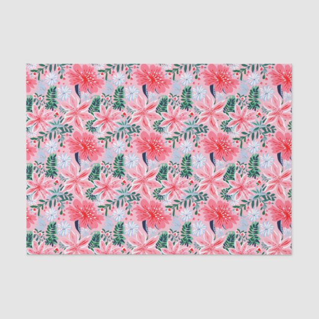 Preppy Pink & Green Christmas Poinsettias Tissue Paper (Front)