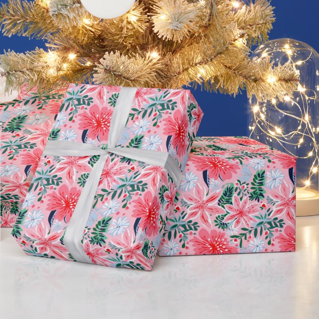 Preppy Pink & Green Christmas Poinsettias Wrapping Paper (Holidays)