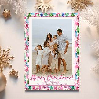 Preppy Pink & Green Christmas Tree Custom Photo Holiday Card