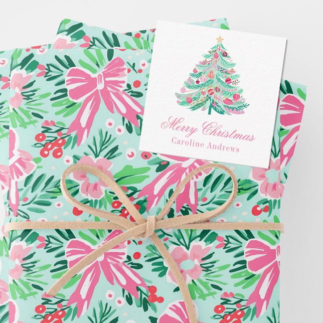 Preppy Pink & Green Christmas Tree Gift Enclosure Card (Creator Uploaded)