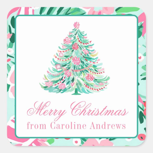 Preppy Pink & Green Christmas Tree Gift Square Sticker (Front)