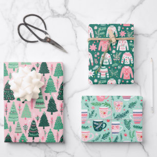 Preppy Pink & Green Christmas Tree Mug & Sweater Wrapping Paper Sheet