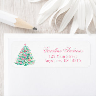 Preppy Pink & Green Christmas Tree Return Address Return Address Label