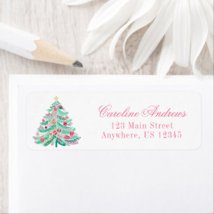 Preppy Pink & Green Christmas Tree Return Address Return Address Label