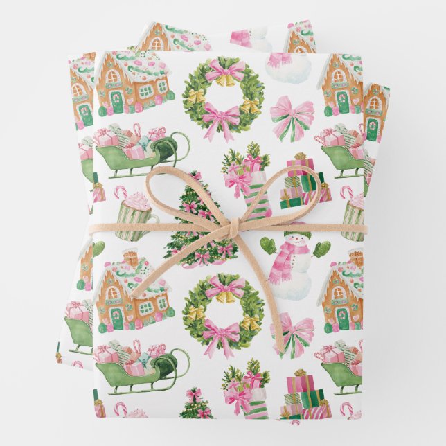 Preppy Pink & Green Christmas Wrapping Paper Sheet (In situ)