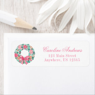 Preppy Pink & Green Christmas Wreath Address Return Address Label