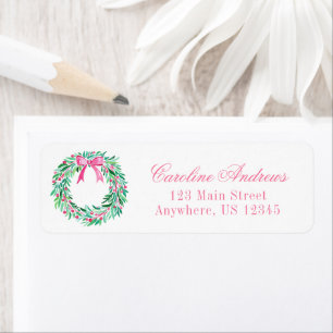 Preppy Pink & Green Christmas Wreath Address Return Address Label