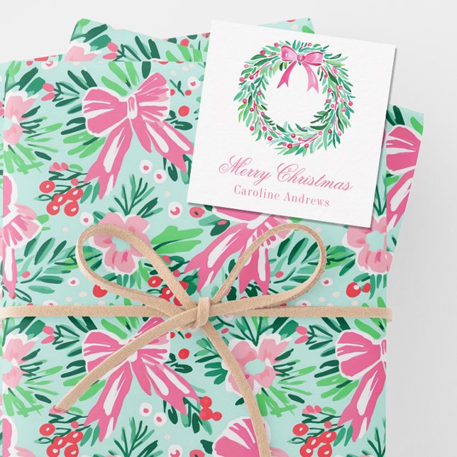 Preppy Pink & Green Christmas Wreath Enclosure Card (Creator Uploaded)