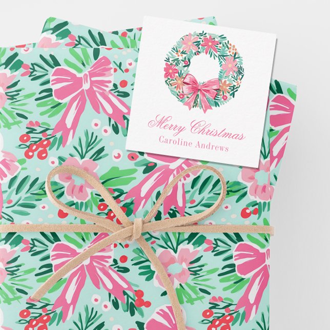 Preppy Pink & Green Christmas Wreath Enclosure Card (Creator Uploaded)