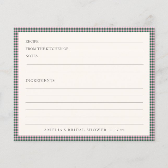 Preppy Pink Green Gingham Shower Recipe Card (Front)