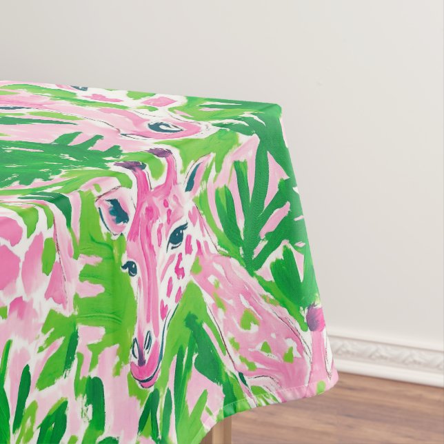 Preppy Pink & Green Giraffes / Safari Party Pink Tablecloth (In Situ)