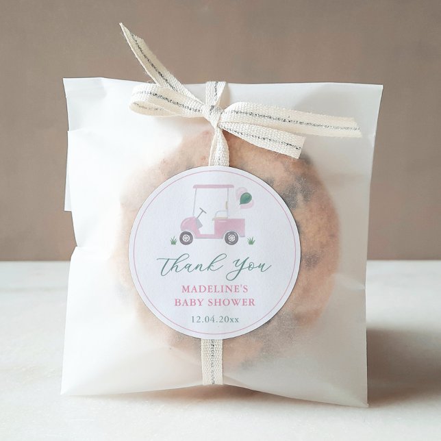 Preppy Pink Green Golf Cart Baby Girl Shower Favou Classic Round Sticker (Preppy pink and green watercolor golf cart baby shower favor thank you sticker)