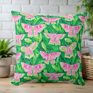 Preppy Pink & Green Moth Spring Summer Cushion