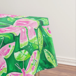 Preppy Pink & Green Moth Spring Summer Tablecloth