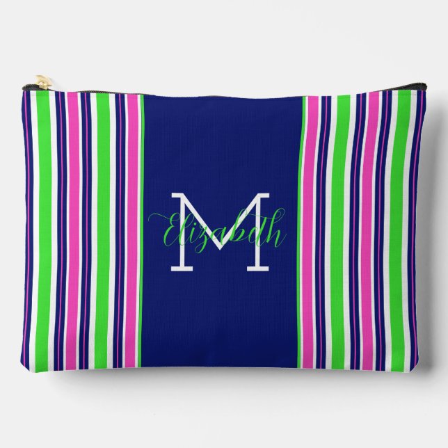 Preppy Pink Green Navy Blue Stripe Monogram Accessory Pouch (Front)